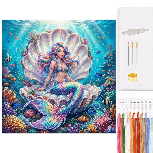 Rainbow Mermaid Inside Seashell - Full 11CT Counted Cross Stitch 45x45CM - Huacan