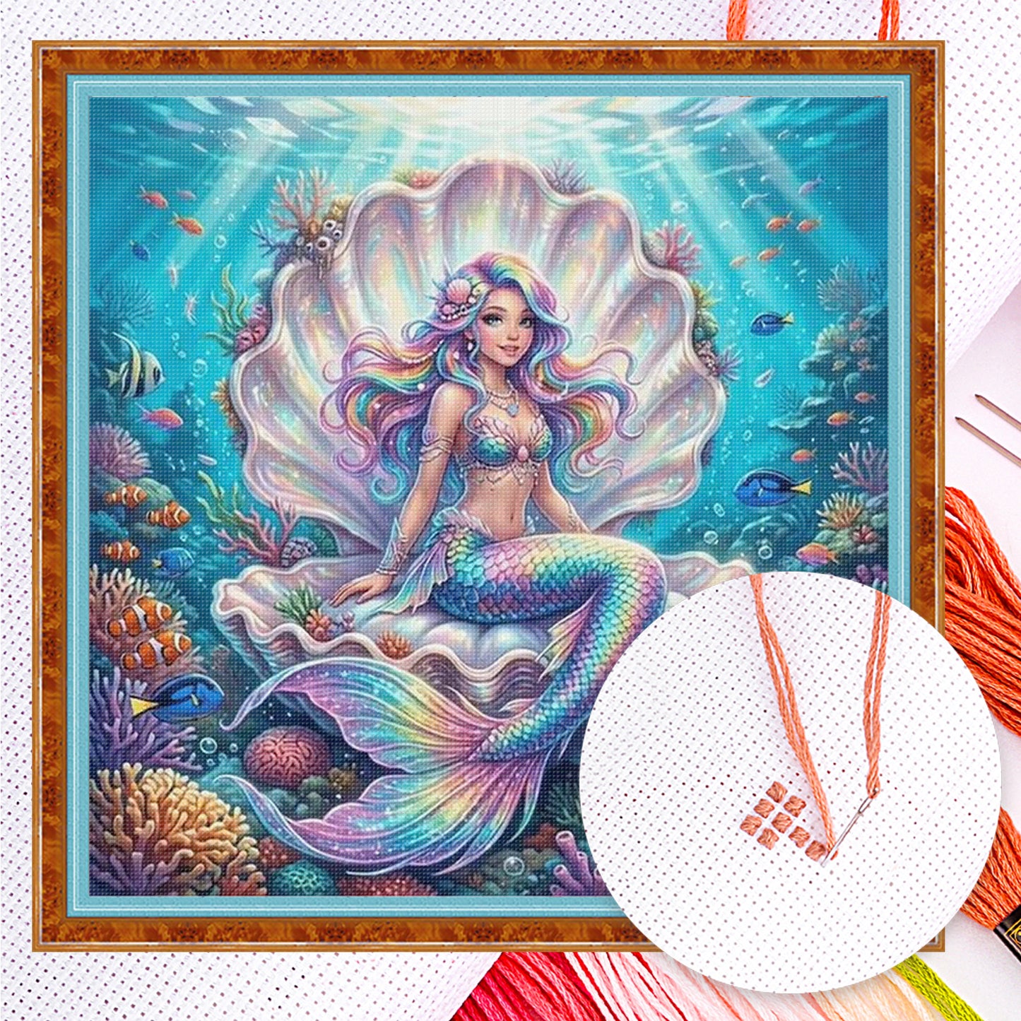 Rainbow Mermaid Inside Seashell - Full 11CT Counted Cross Stitch 45x45CM - Huacan