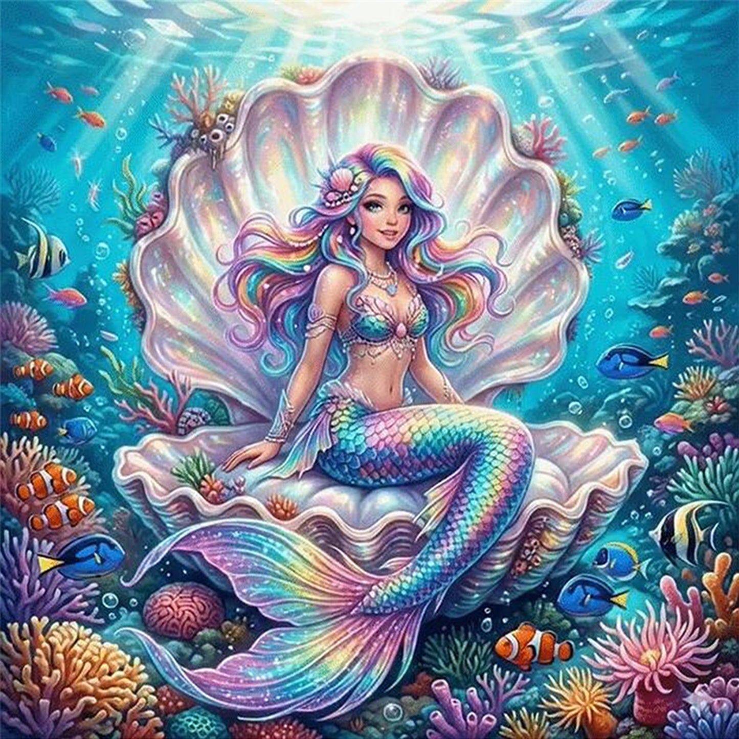 Rainbow Mermaid Inside Seashell - Full 11CT Counted Cross Stitch 45x45CM - Huacan