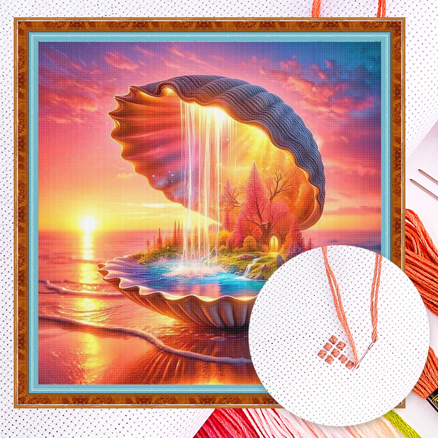 Forest Waterfall Inside Conch - Full 11CT Counted Cross Stitch 45x45CM - Huacan