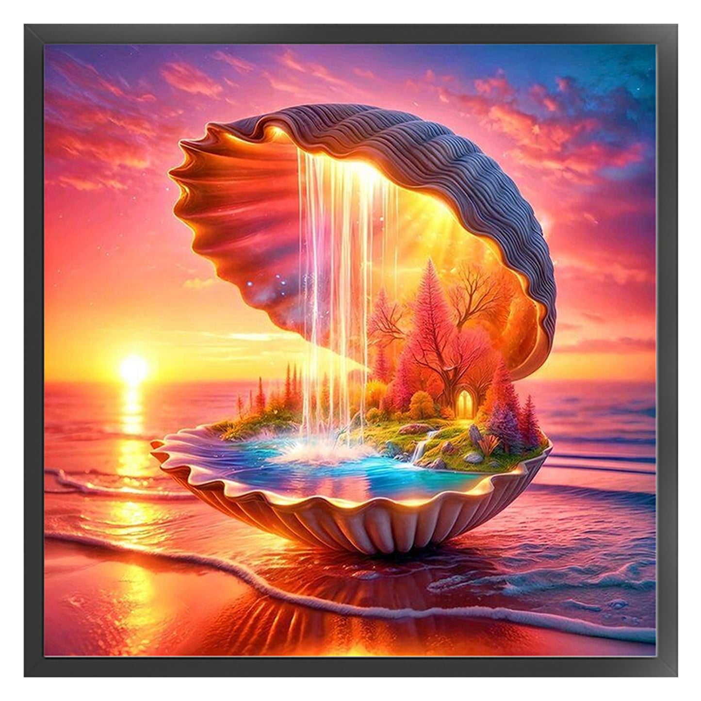 Forest Waterfall Inside Conch - Full 11CT Counted Cross Stitch 45x45CM - Huacan
