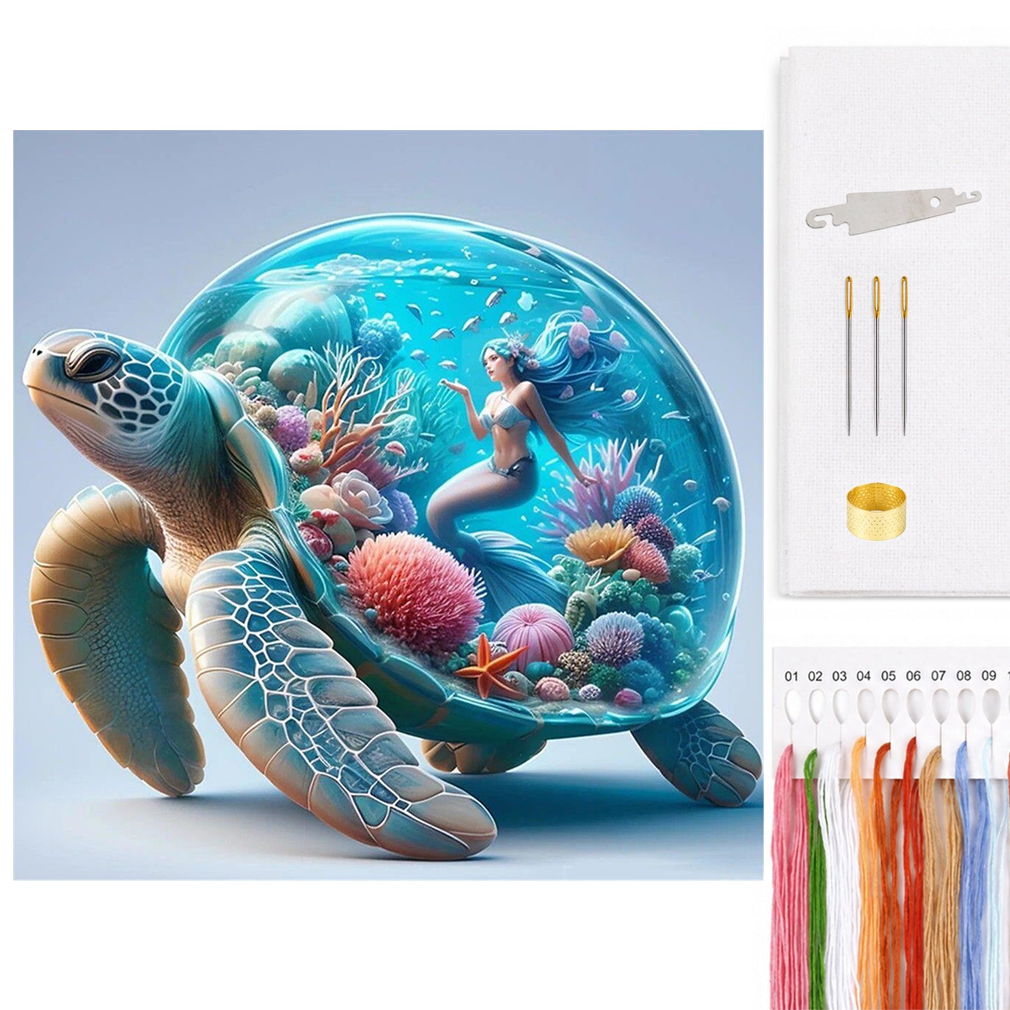 Aquarium With Mermaid On Turtle'S Back - Full 11CT Counted Cross Stitch 45x45CM - Huacan