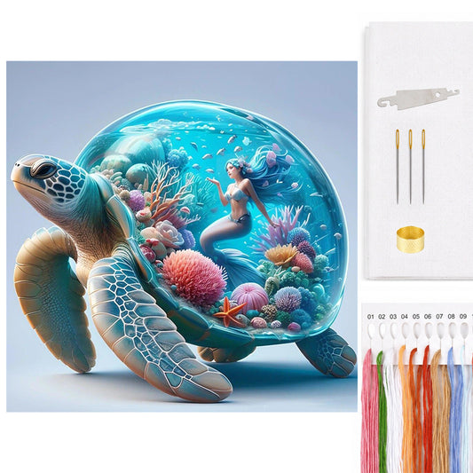 Aquarium With Mermaid On Turtle'S Back - Full 11CT Counted Cross Stitch 45x45CM - Huacan