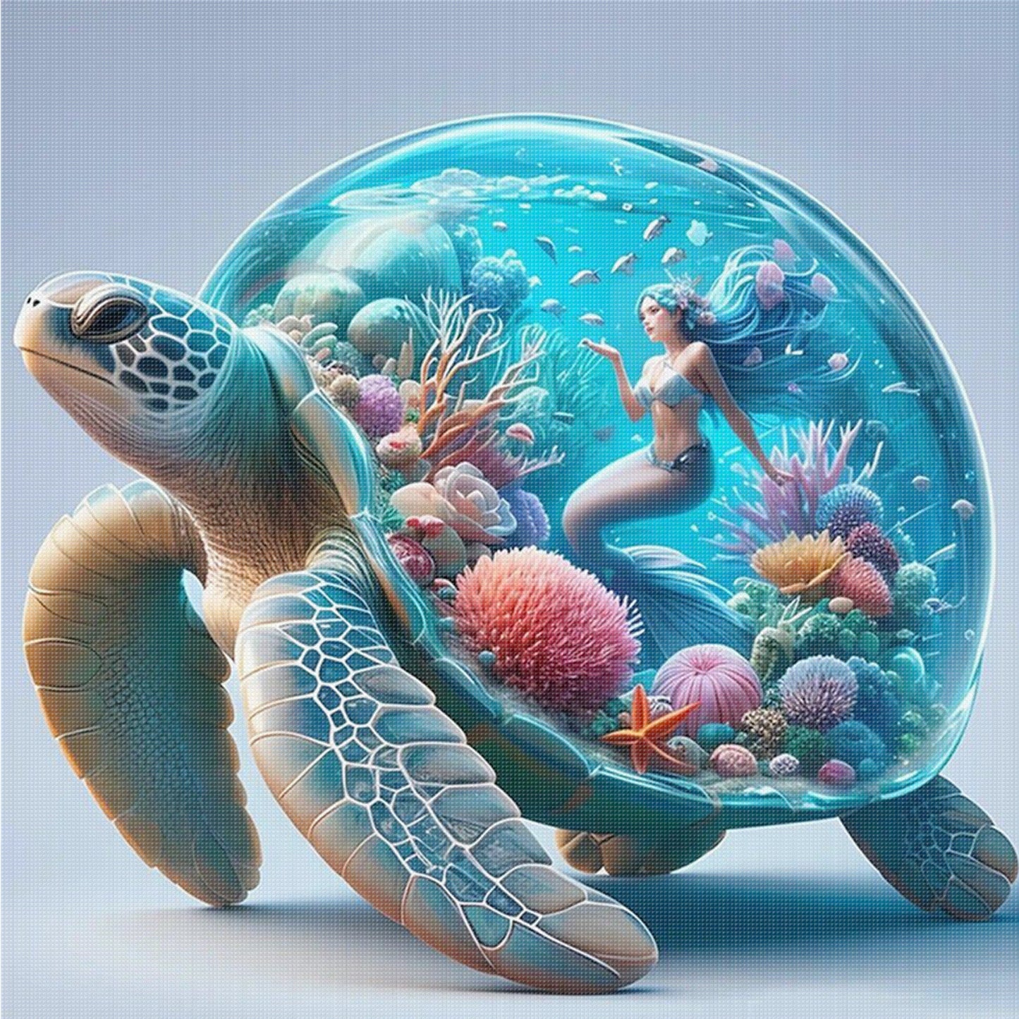 Aquarium With Mermaid On Turtle'S Back - Full 11CT Counted Cross Stitch 45x45CM - Huacan