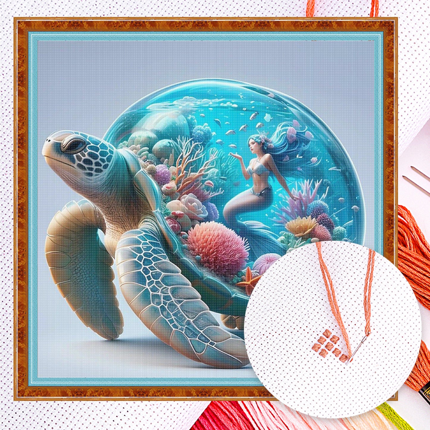 Aquarium With Mermaid On Turtle'S Back - Full 11CT Counted Cross Stitch 45x45CM - Huacan