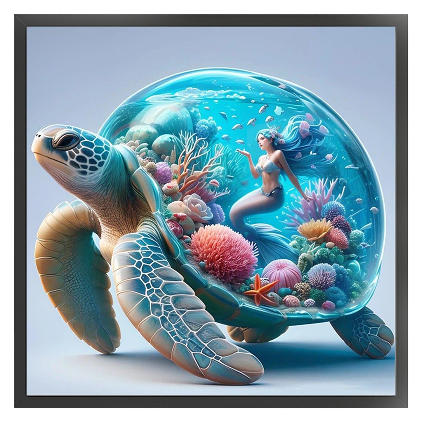 Aquarium With Mermaid On Turtle'S Back - Full 11CT Counted Cross Stitch 45x45CM - Huacan