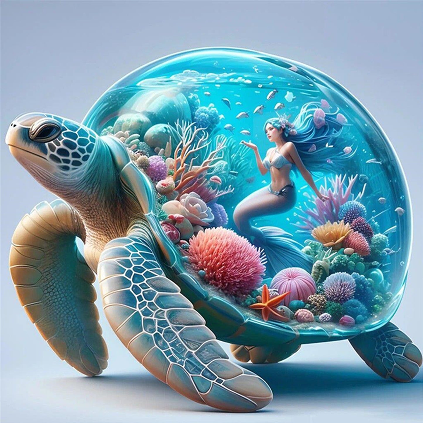 Aquarium With Mermaid On Turtle'S Back - Full 11CT Counted Cross Stitch 45x45CM - Huacan