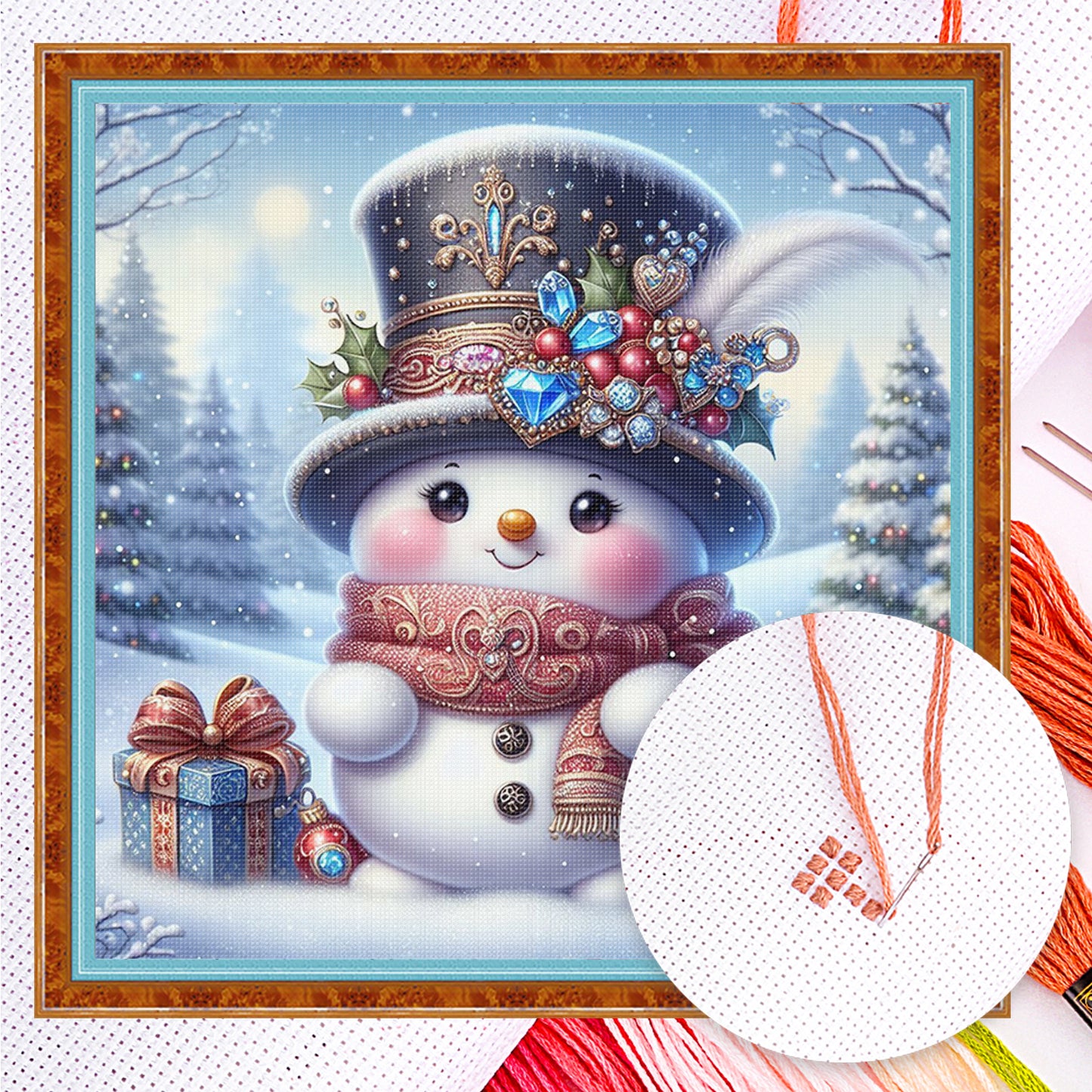 Ornate Gem Snowman - Full 11CT Counted Cross Stitch 40x40CM - Huacan