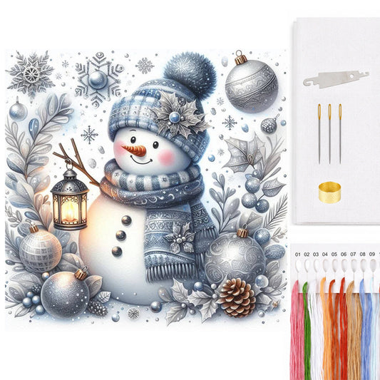 Snowman With Silver & Blue Lanterns - Full 11CT Counted Cross Stitch 40x40CM - Huacan