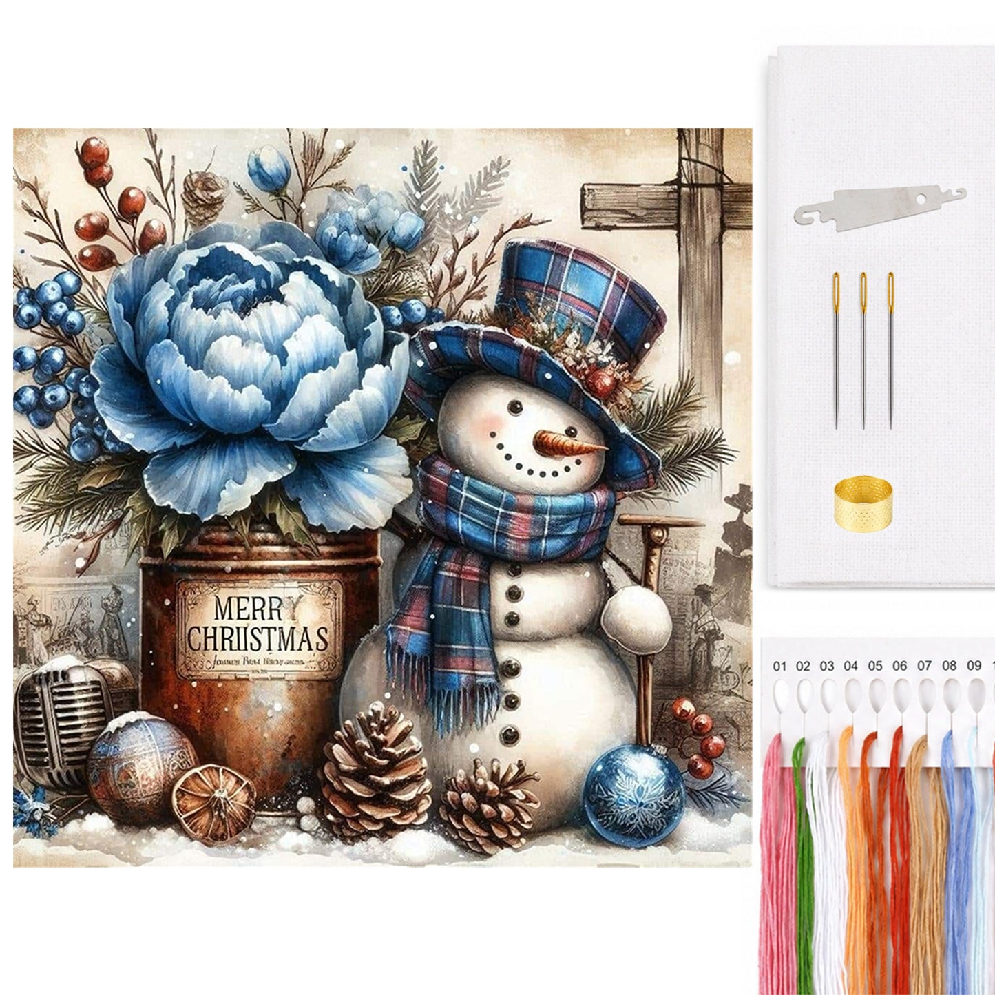 Vintage Blue Tone Snowman - Full 11CT Counted Cross Stitch 40x40CM - Huacan