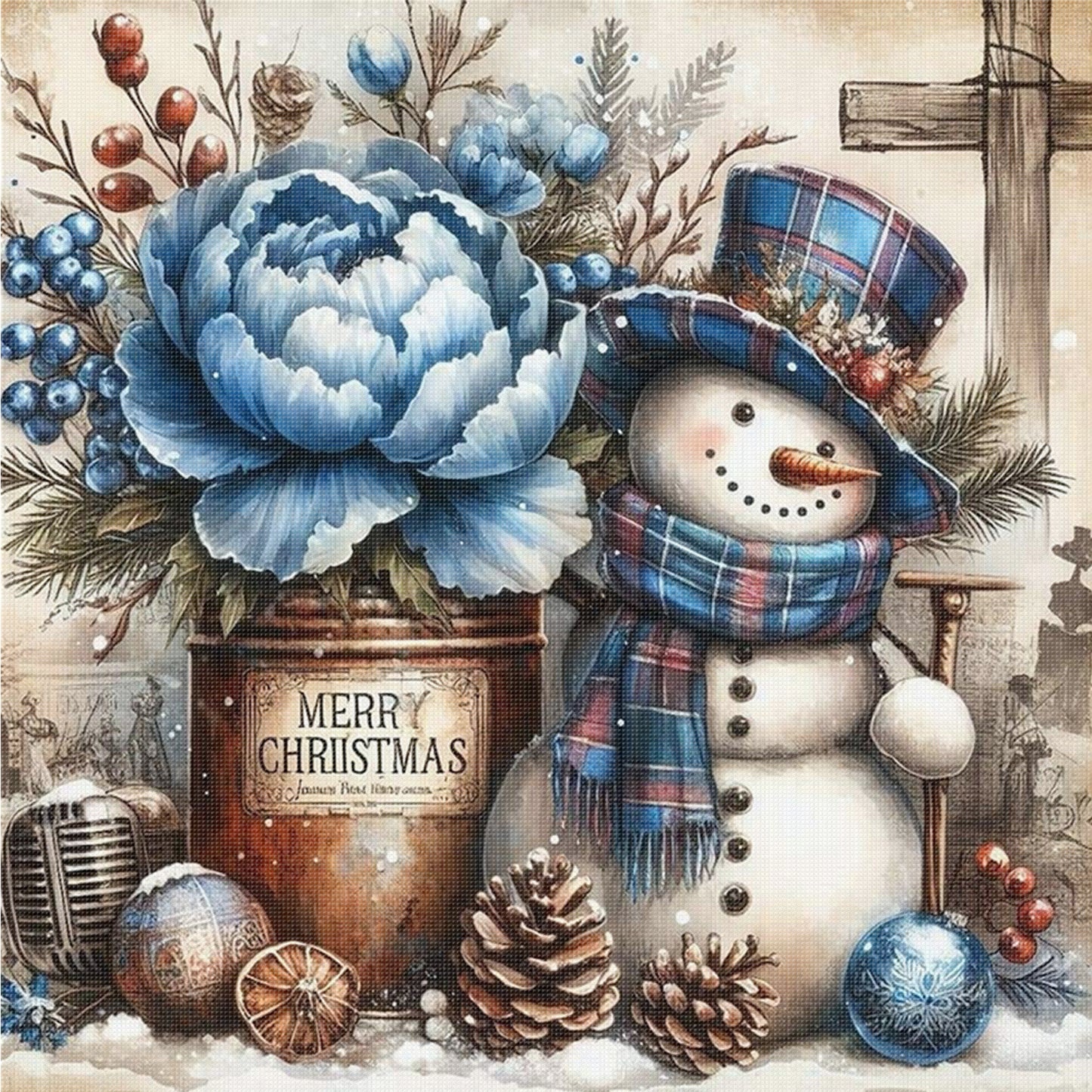 Vintage Blue Tone Snowman - Full 11CT Counted Cross Stitch 40x40CM - Huacan