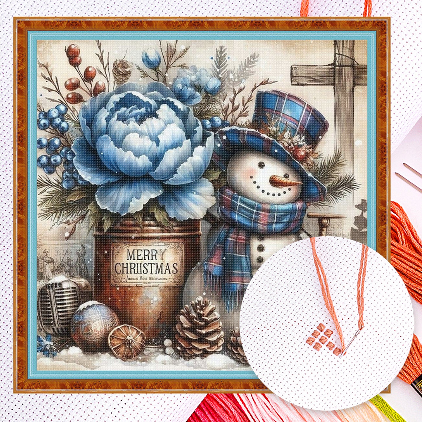 Vintage Blue Tone Snowman - Full 11CT Counted Cross Stitch 40x40CM - Huacan