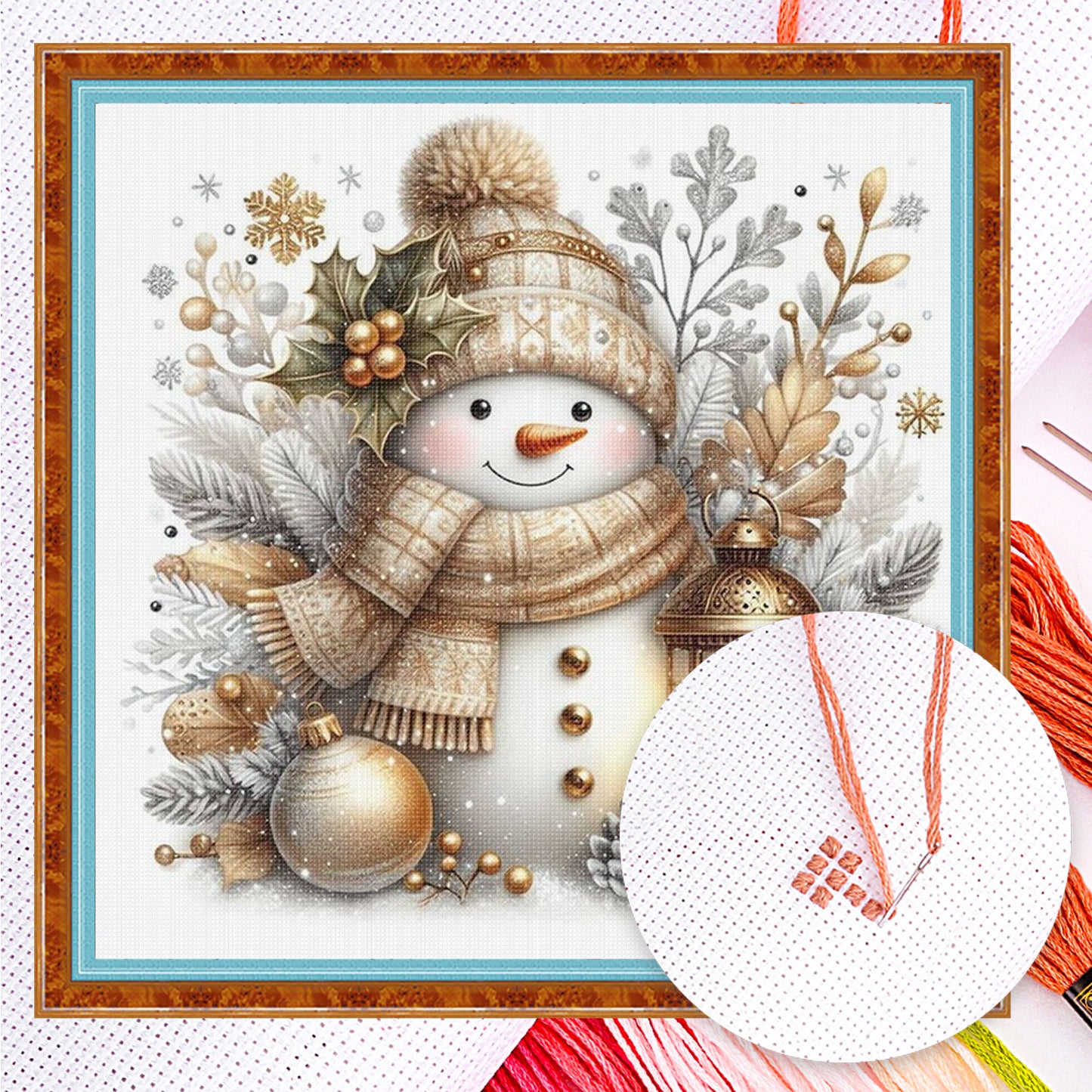 Golden Brown Warm Tone Snowman - Full 11CT Counted Cross Stitch 40x40CM - Huacan