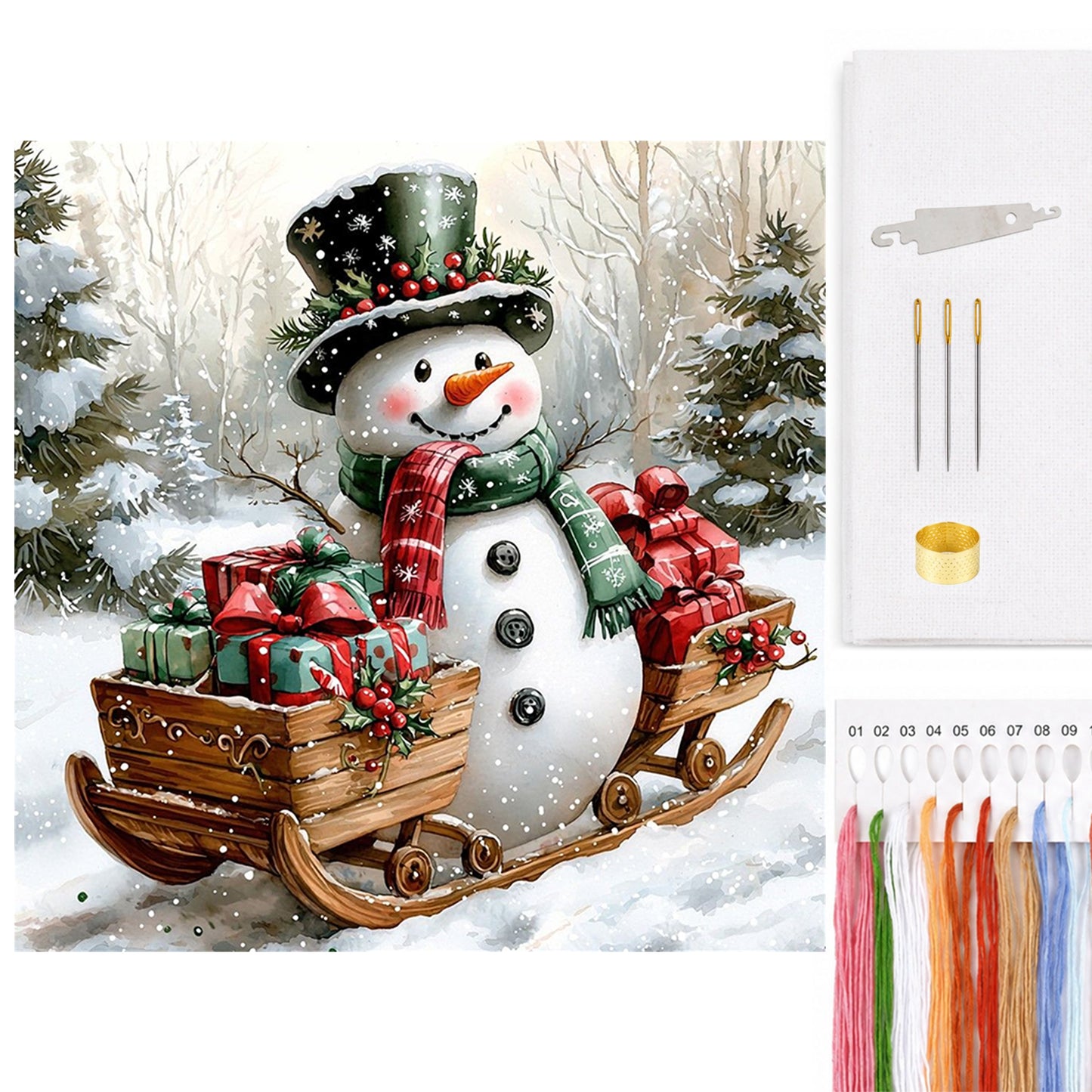 Snowman With Sled & Gifts - Full 11CT Counted Cross Stitch 40x40CM - Huacan