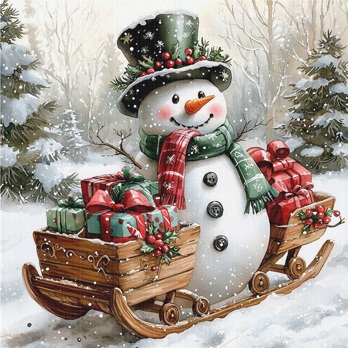 Snowman With Sled & Gifts - Full 11CT Counted Cross Stitch 40x40CM - Huacan