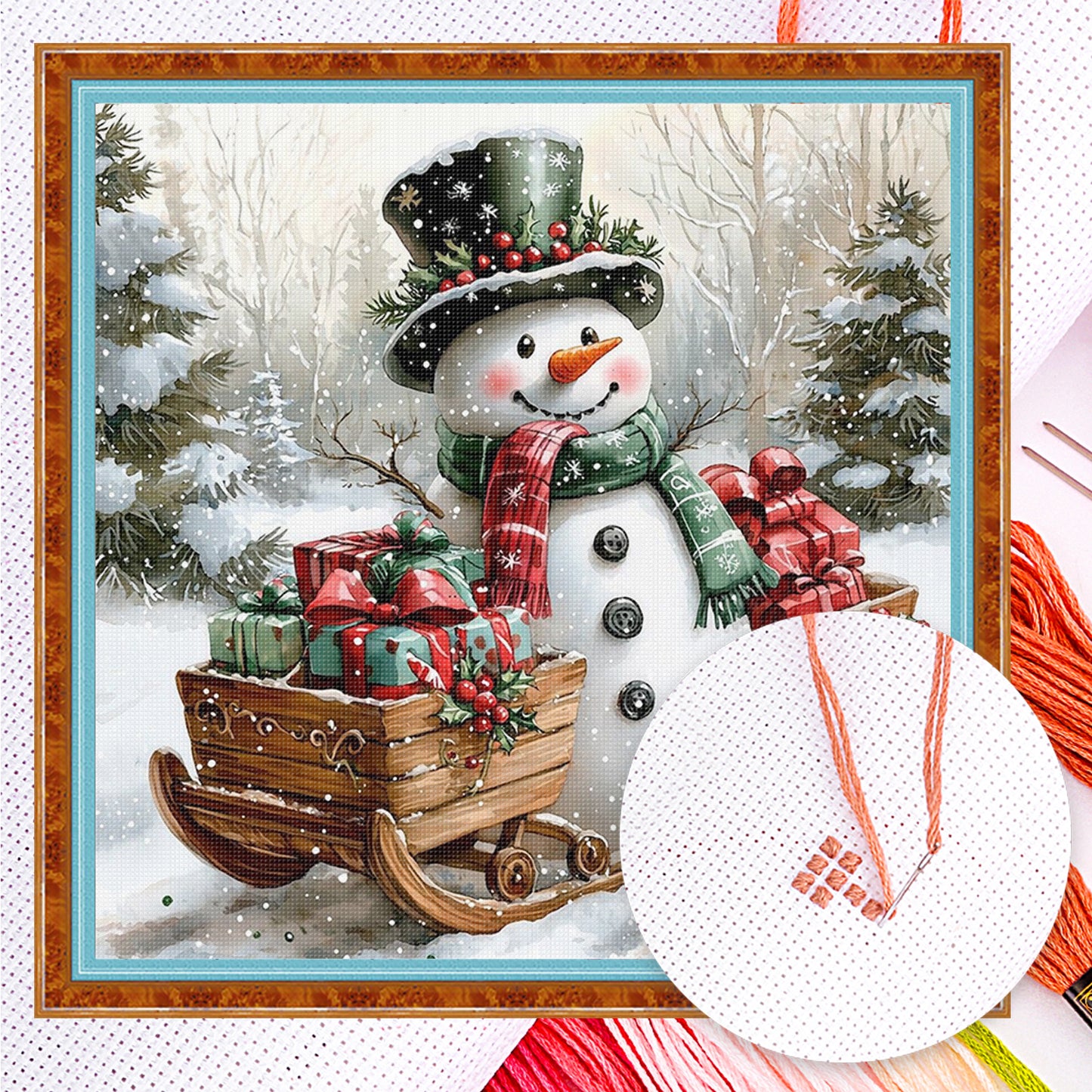 Snowman With Sled & Gifts - Full 11CT Counted Cross Stitch 40x40CM - Huacan