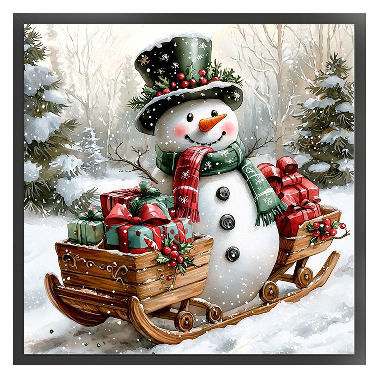 Snowman With Sled & Gifts - Full 11CT Counted Cross Stitch 40x40CM - Huacan