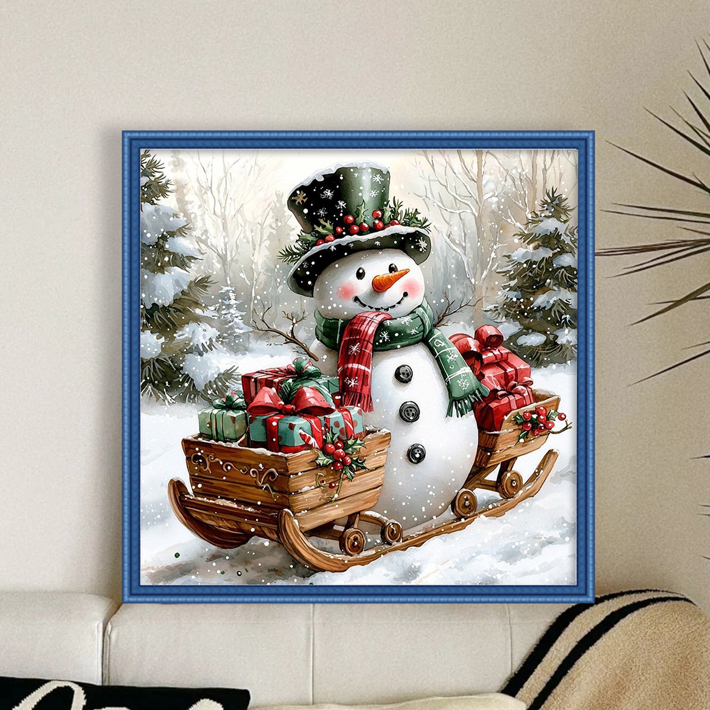Snowman With Sled & Gifts - Full 11CT Counted Cross Stitch 40x40CM - Huacan