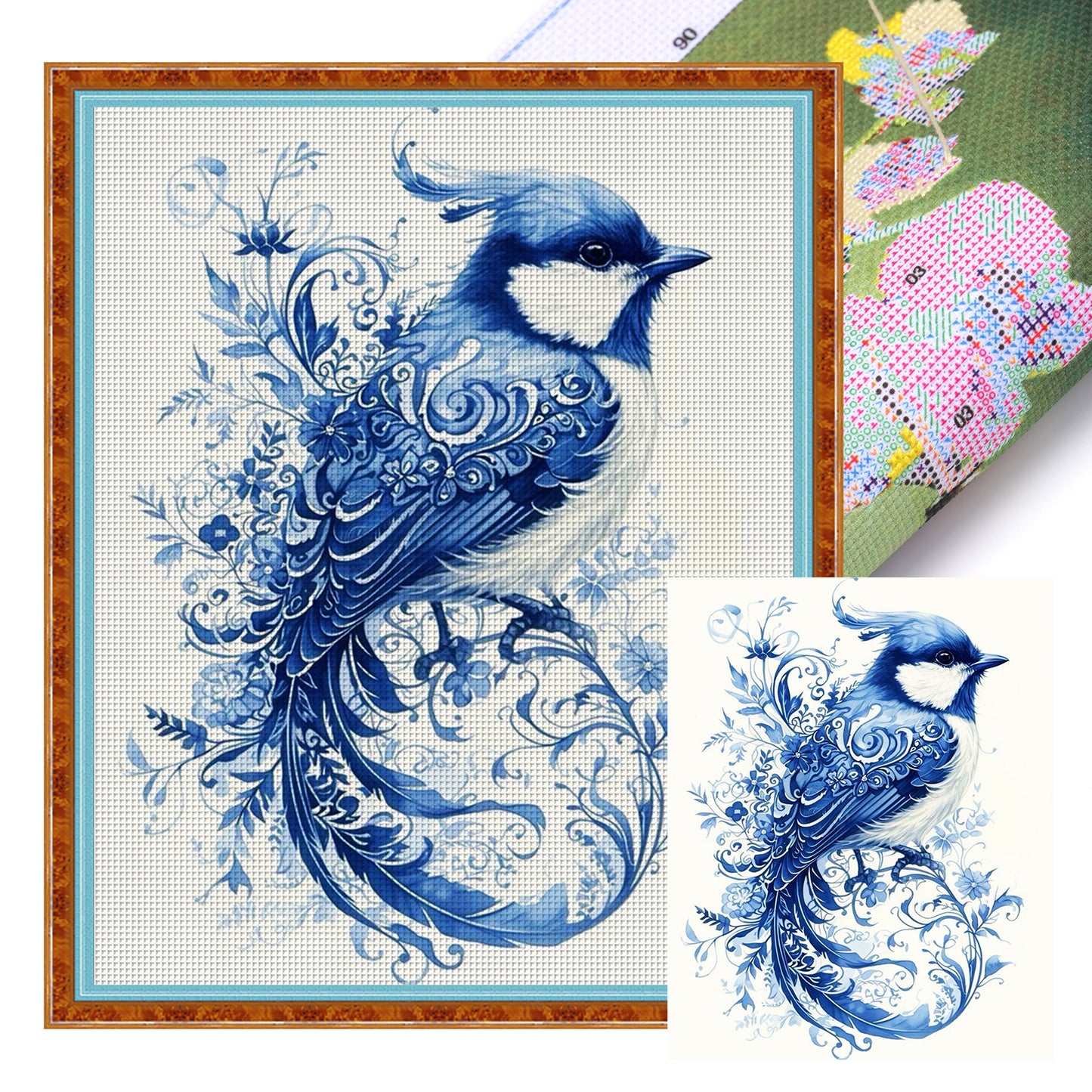 Porcelain Blue Bird - Full 11CT Stamped Cross Stitch 40x50CM - Huacan