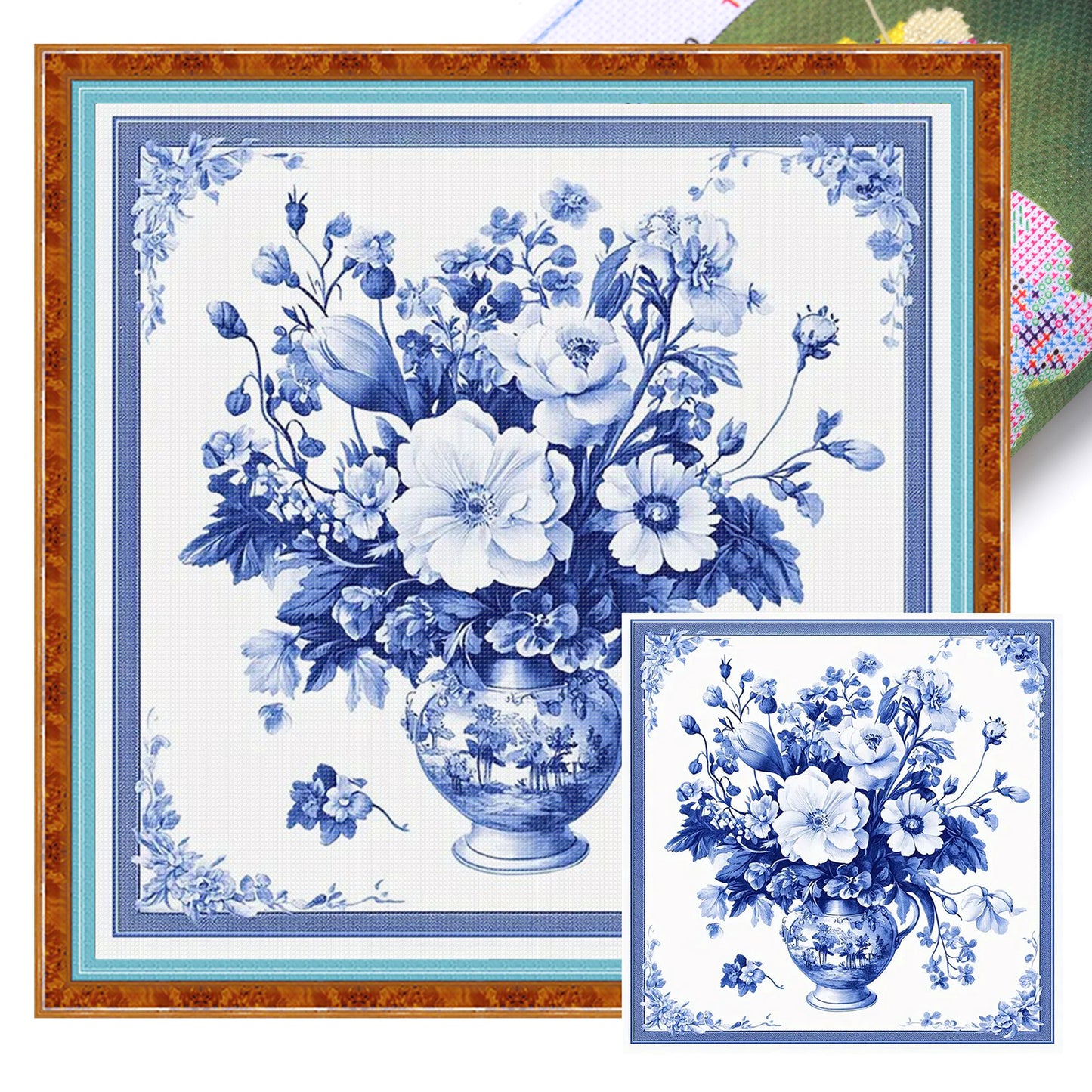 Porcelain Floral Tile - Full 11CT Stamped Cross Stitch 40x40CM - Huacan