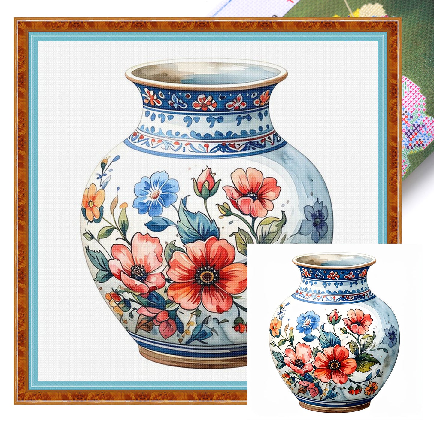 Porcelain Floral Vase - Full 11CT Stamped Cross Stitch 40x40CM - Huacan
