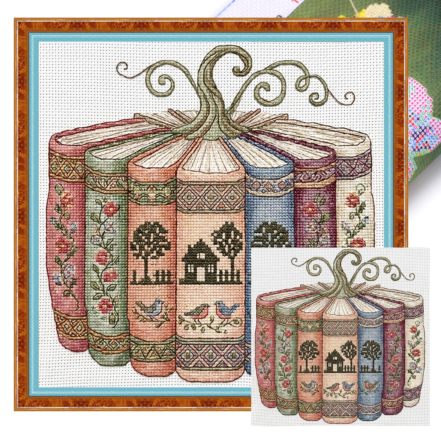 Book & Pumpkin Scenery - Full 14CT Stamped Cross Stitch 40x40CM - Huacan