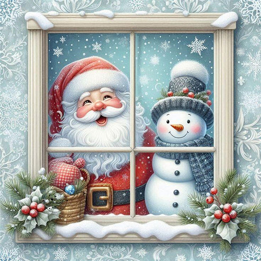 Santa Claus And Snowman By Window - Full 11CT Stamped Cross Stitch 45x45CM - Huacan