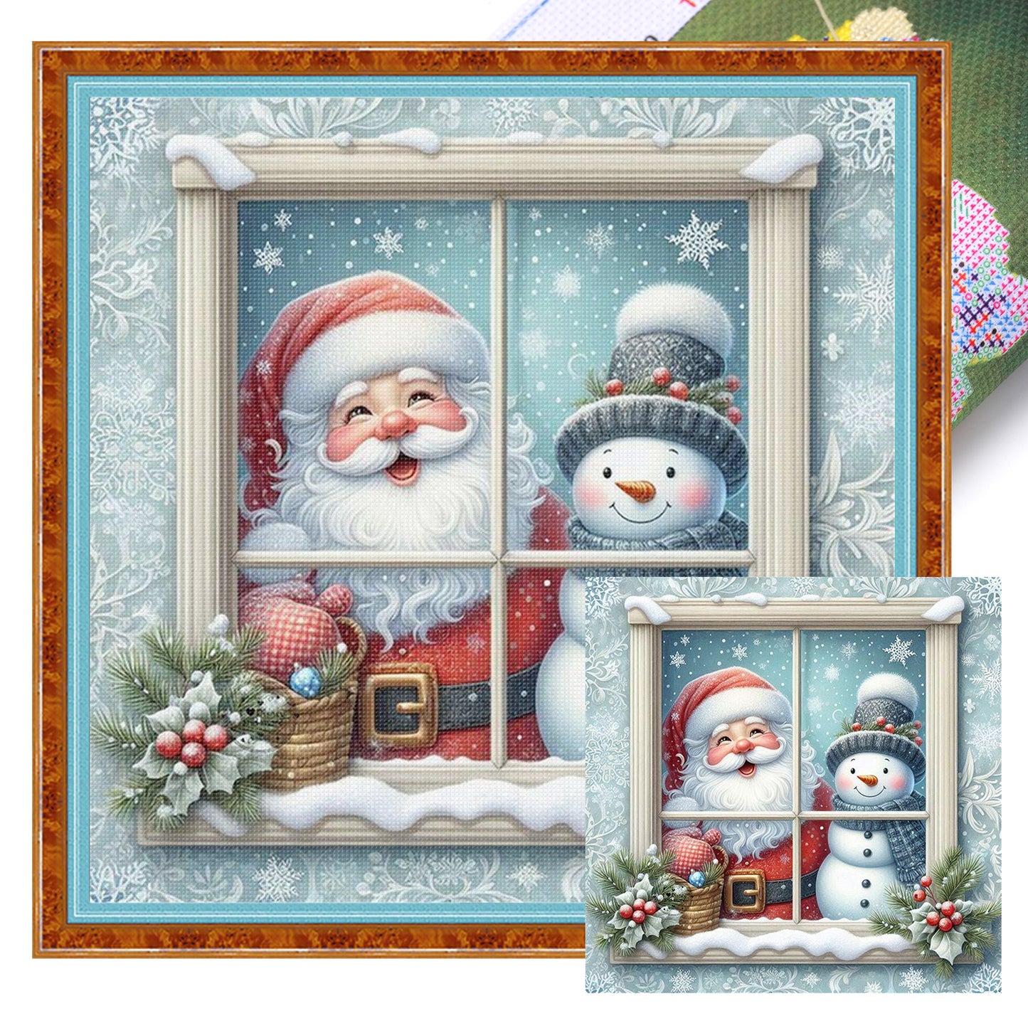 Santa Claus And Snowman By Window - Full 11CT Stamped Cross Stitch 45x45CM - Huacan