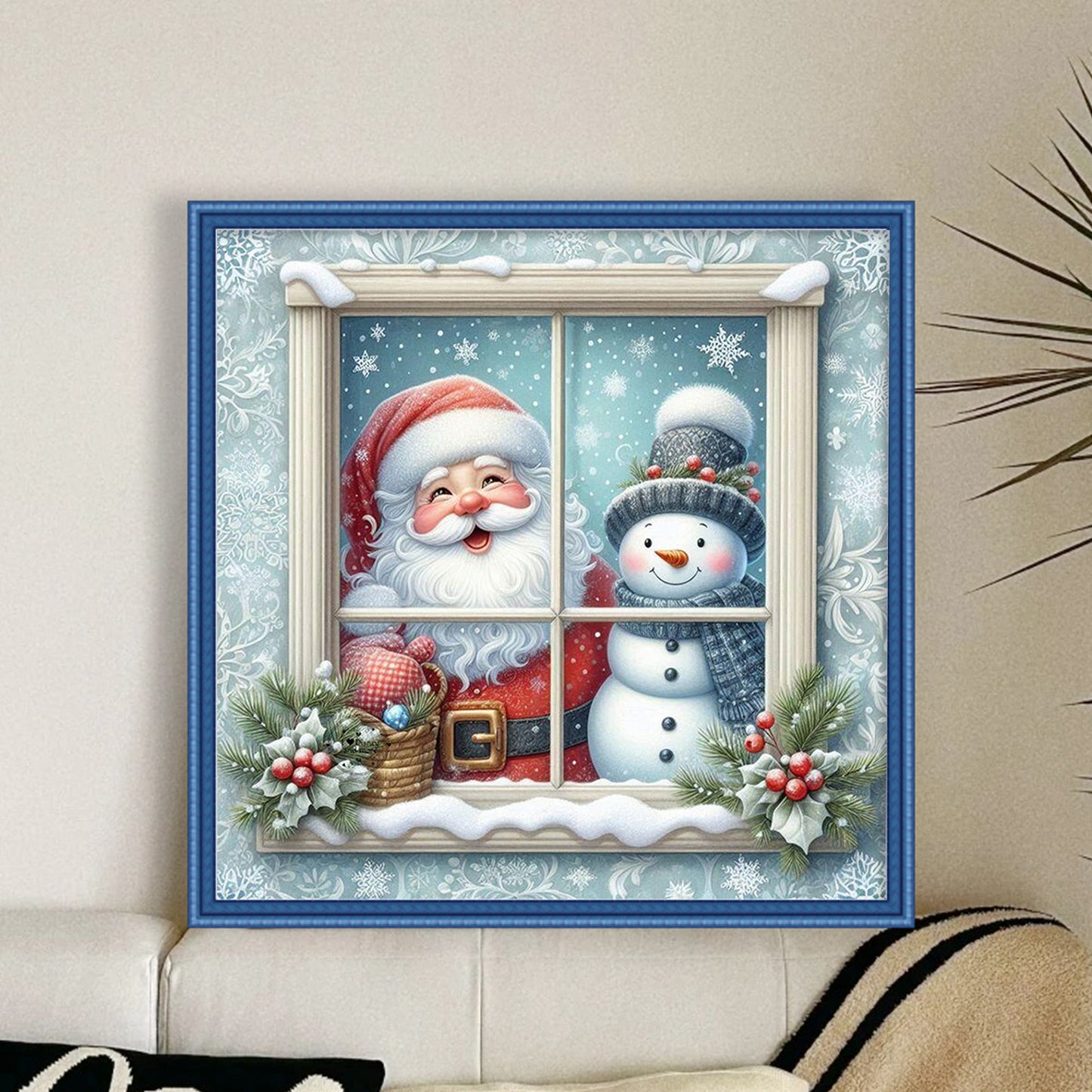 Santa Claus And Snowman By Window - Full 11CT Stamped Cross Stitch 45x45CM - Huacan