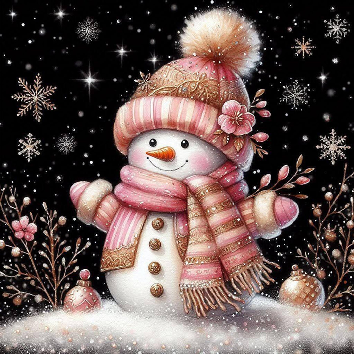 Soft Pink & Gold Snowman - Full 11CT Stamped Cross Stitch 40x40CM - Huacan