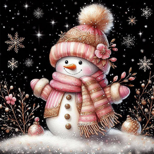 Soft Pink & Gold Snowman - Full 11CT Stamped Cross Stitch 40x40CM - Huacan