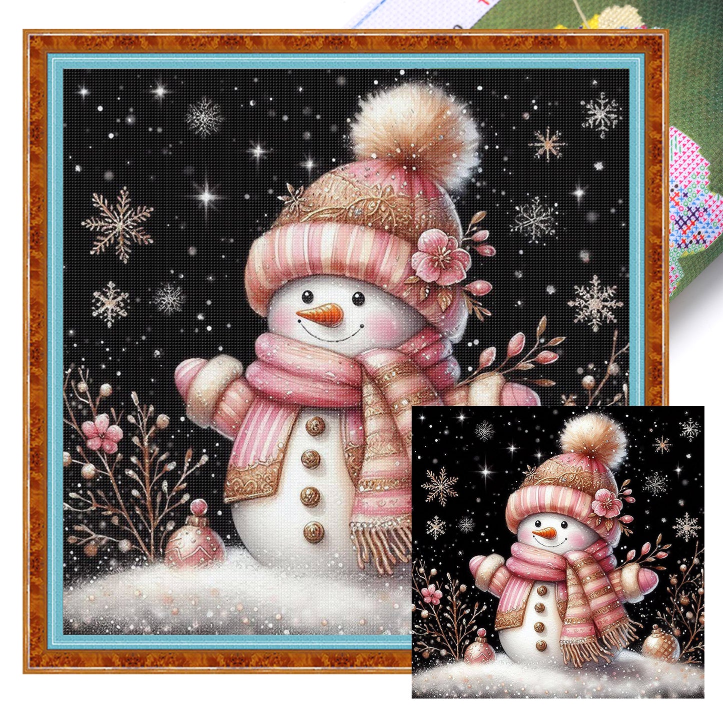 Soft Pink & Gold Snowman - Full 11CT Stamped Cross Stitch 40x40CM - Huacan