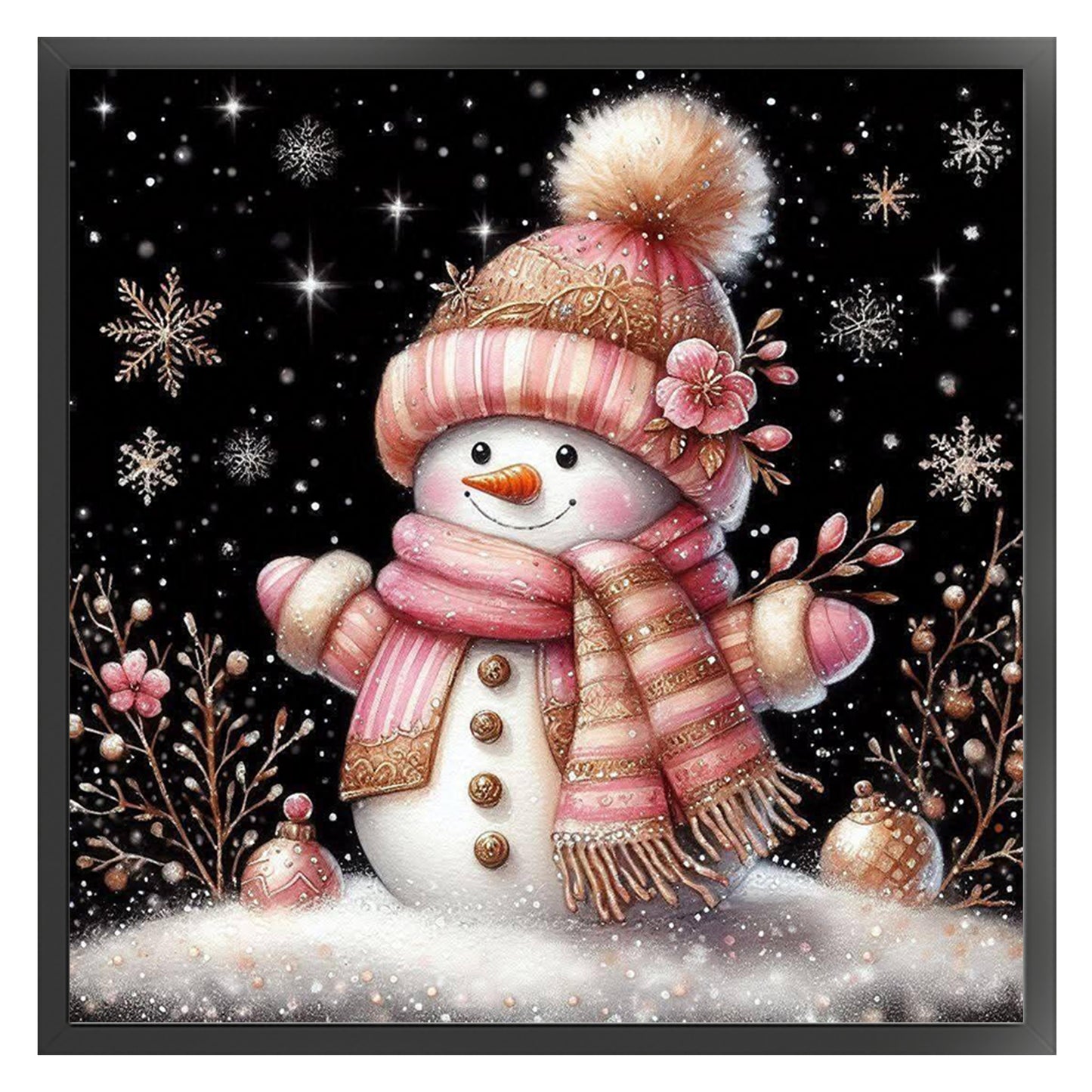 Soft Pink & Gold Snowman - Full 11CT Stamped Cross Stitch 40x40CM - Huacan
