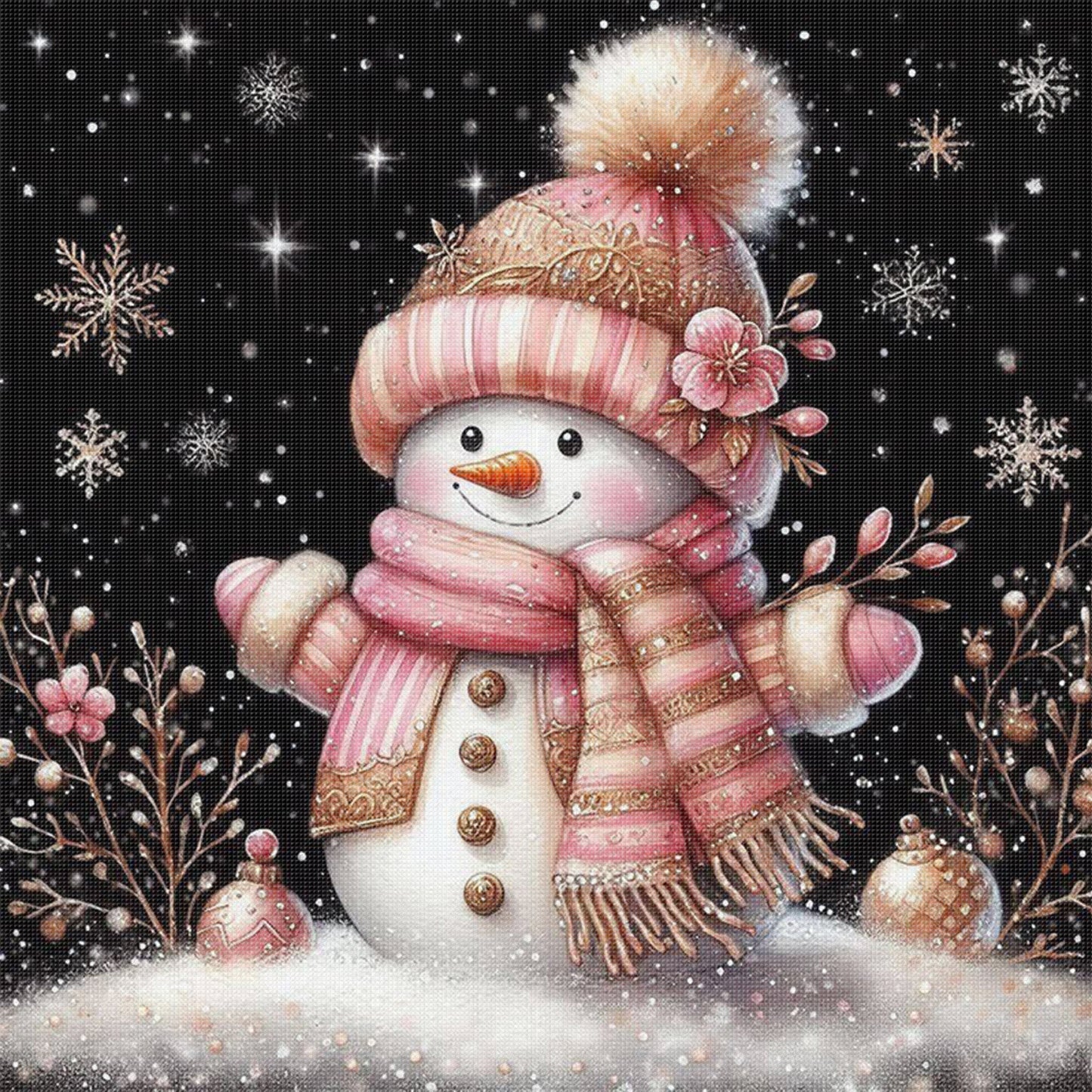 Soft Pink & Gold Snowman - Full 11CT Stamped Cross Stitch 40x40CM - Huacan