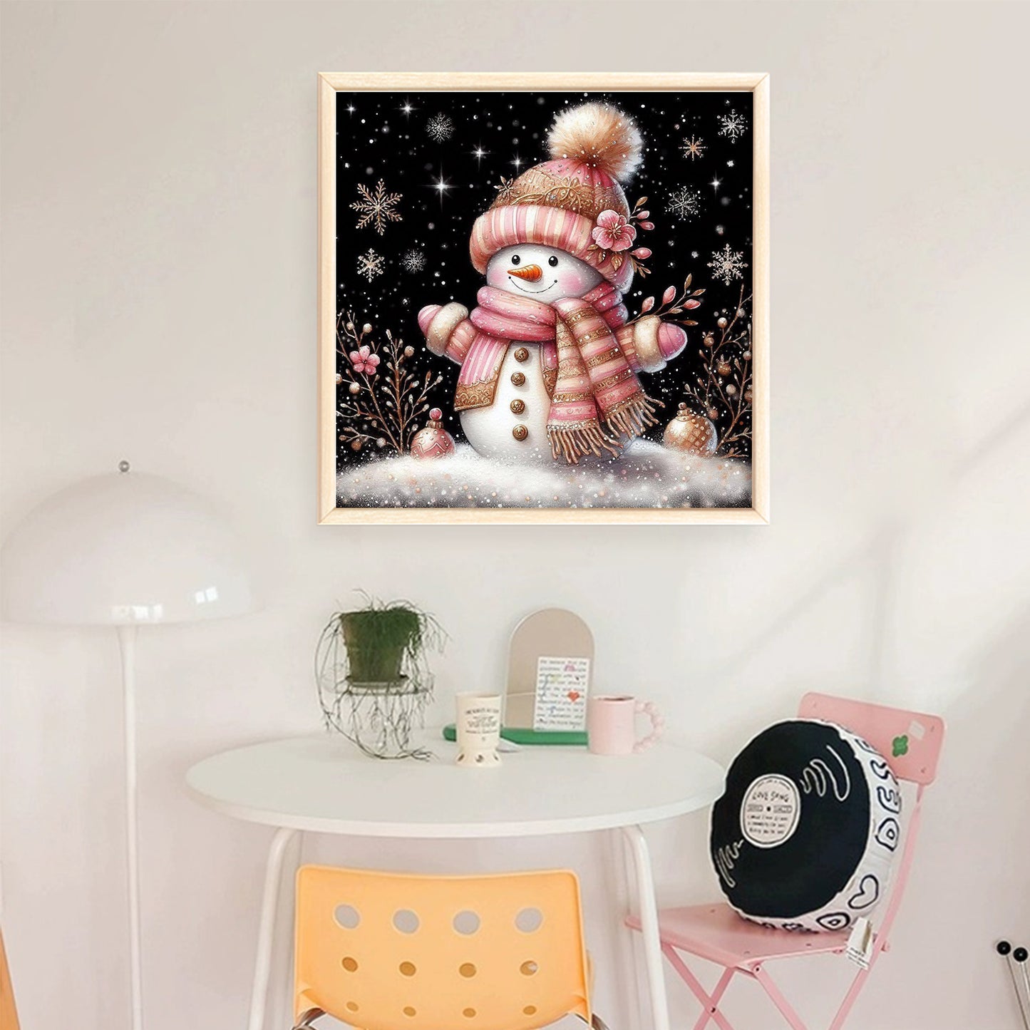 Soft Pink & Gold Snowman - Full 11CT Stamped Cross Stitch 40x40CM - Huacan