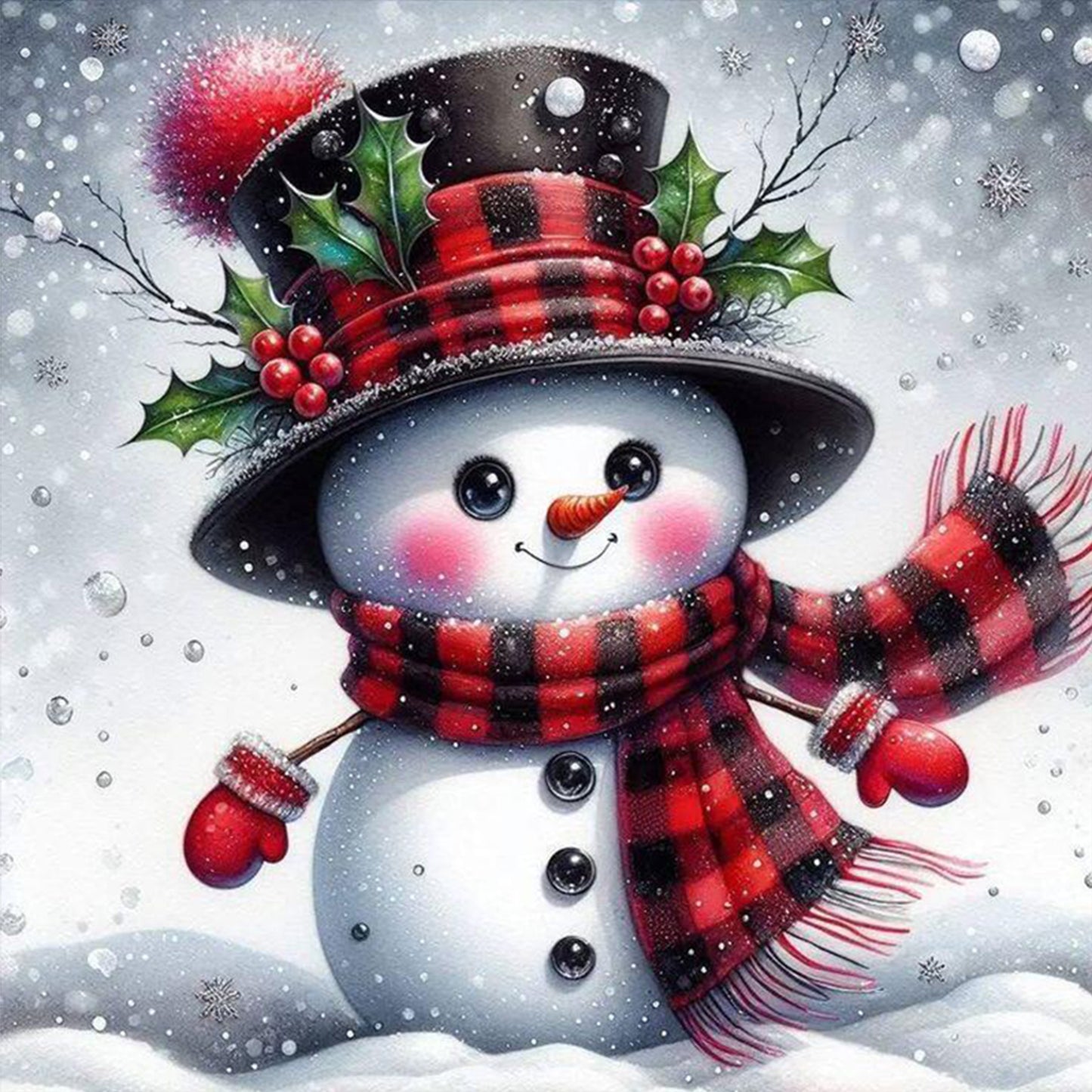 Snowman With Red & Black Plaid Hat - Full 11CT Stamped Cross Stitch 40x40CM - Huacan