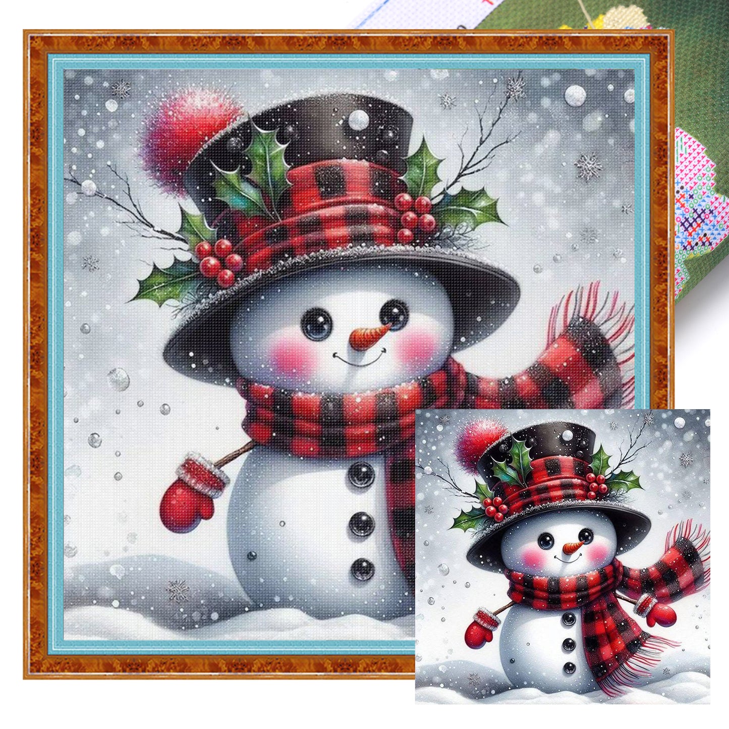 Snowman With Red & Black Plaid Hat - Full 11CT Stamped Cross Stitch 40x40CM - Huacan