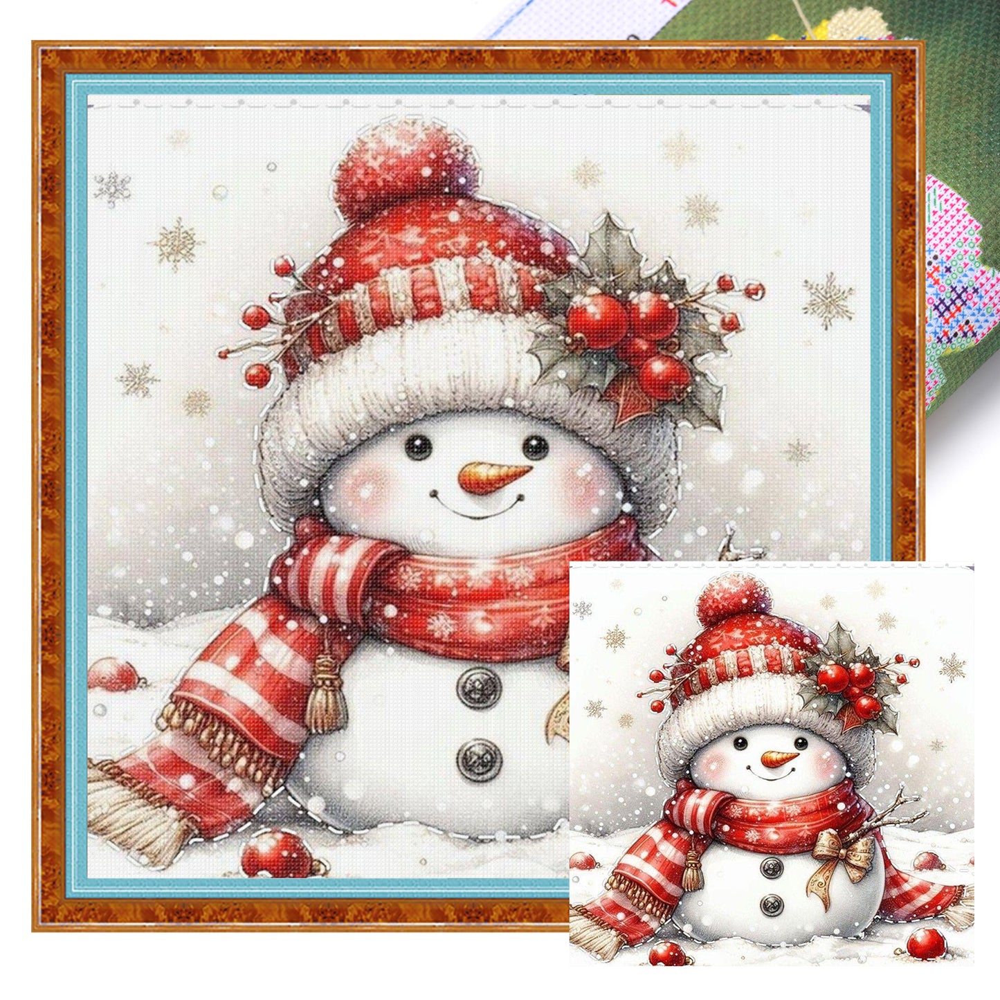 Cute Snowman With Red Scarf - Full 11CT Stamped Cross Stitch 40x40CM - Huacan