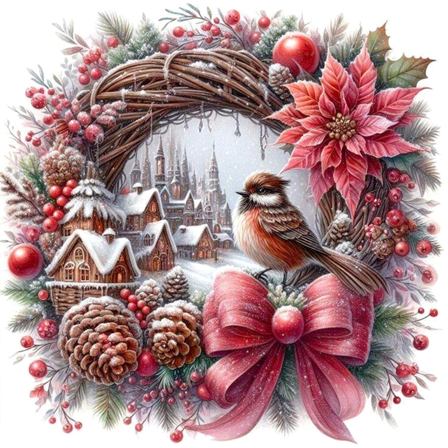 Red & Brown Vintage Bird Wreath - Full 11CT Stamped Cross Stitch 40x40CM - Huacan