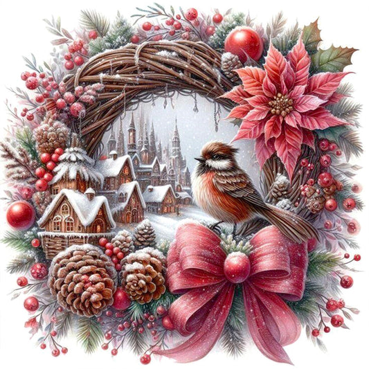 Red & Brown Vintage Bird Wreath - Full 11CT Stamped Cross Stitch 40x40CM - Huacan