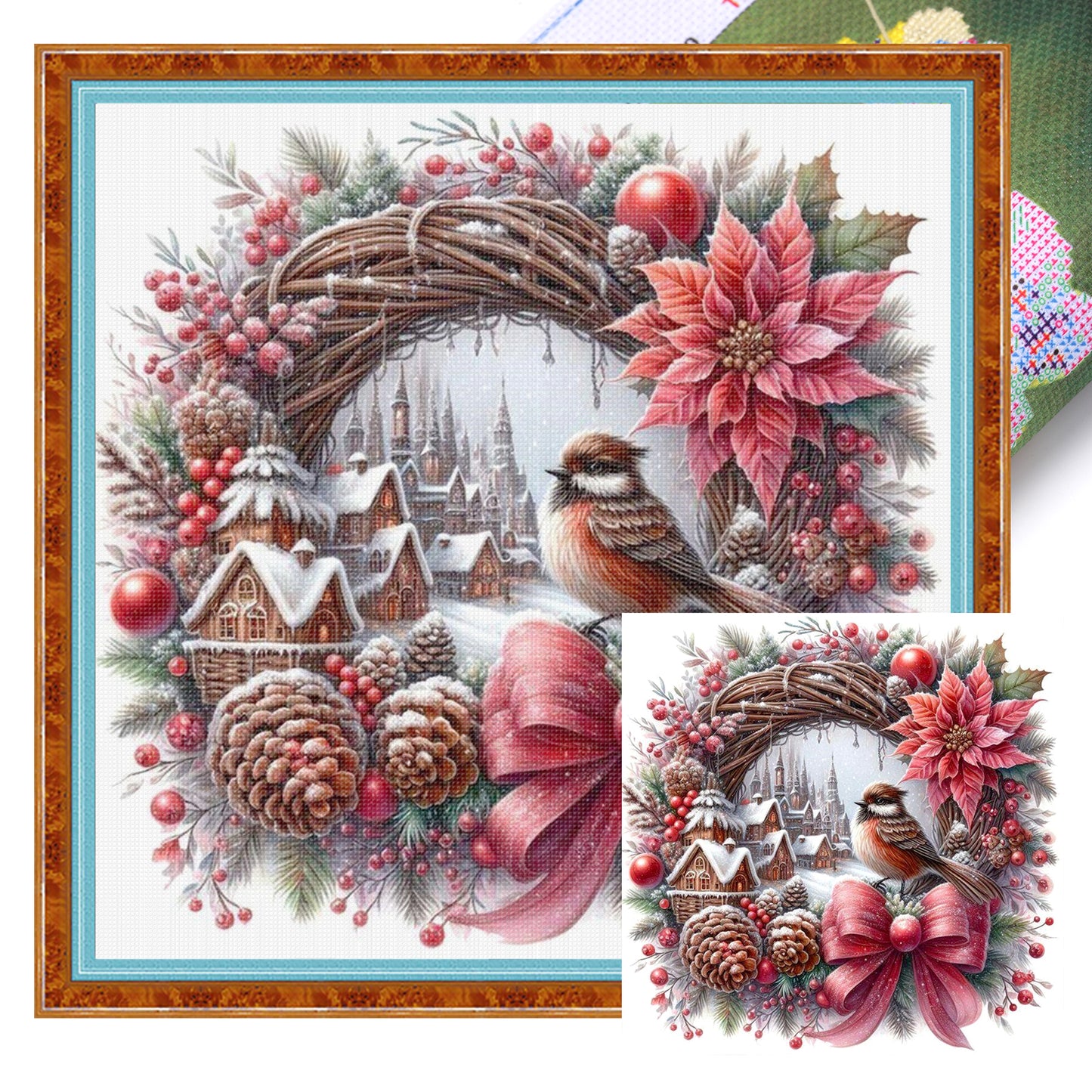 Red & Brown Vintage Bird Wreath - Full 11CT Stamped Cross Stitch 40x40CM - Huacan