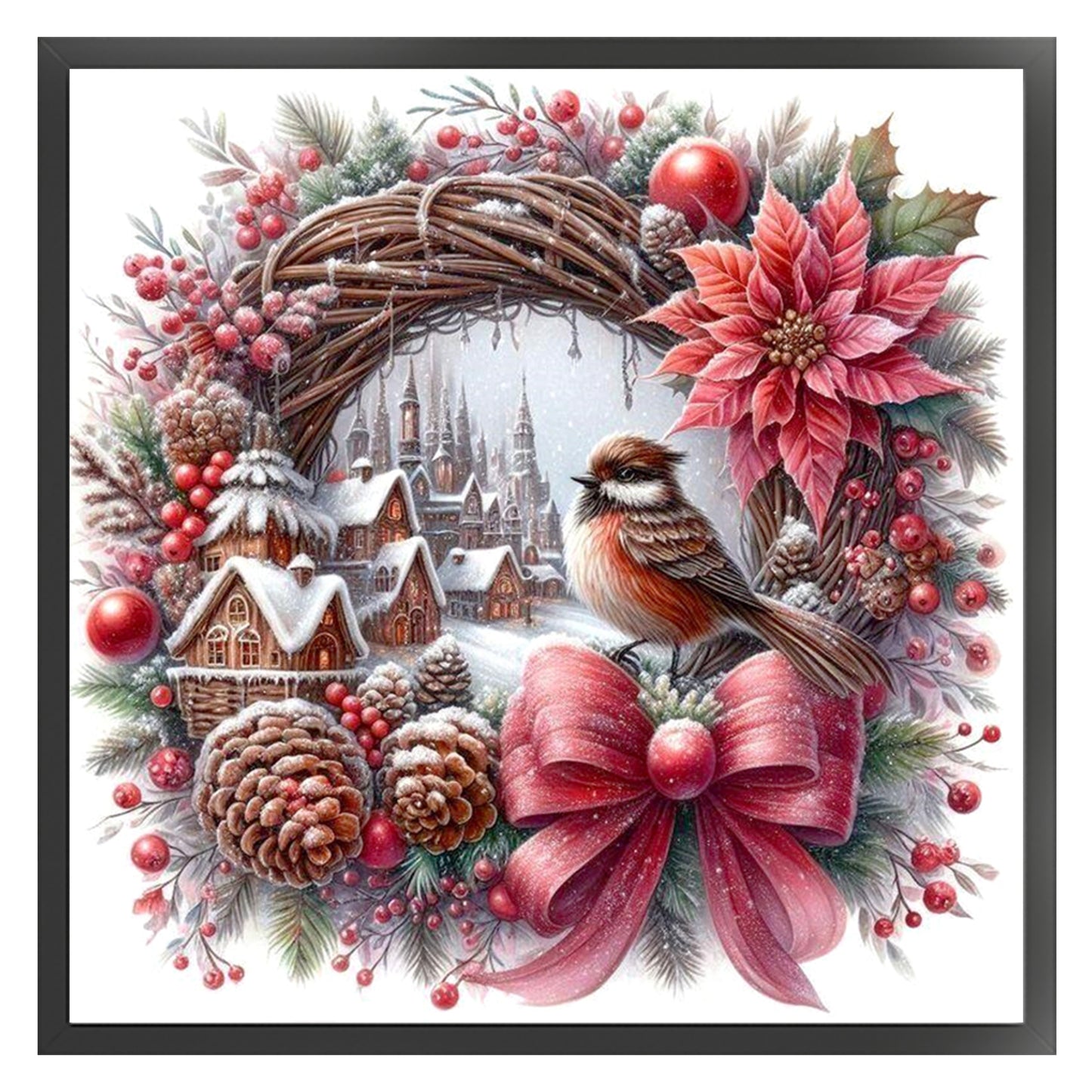 Red & Brown Vintage Bird Wreath - Full 11CT Stamped Cross Stitch 40x40CM - Huacan