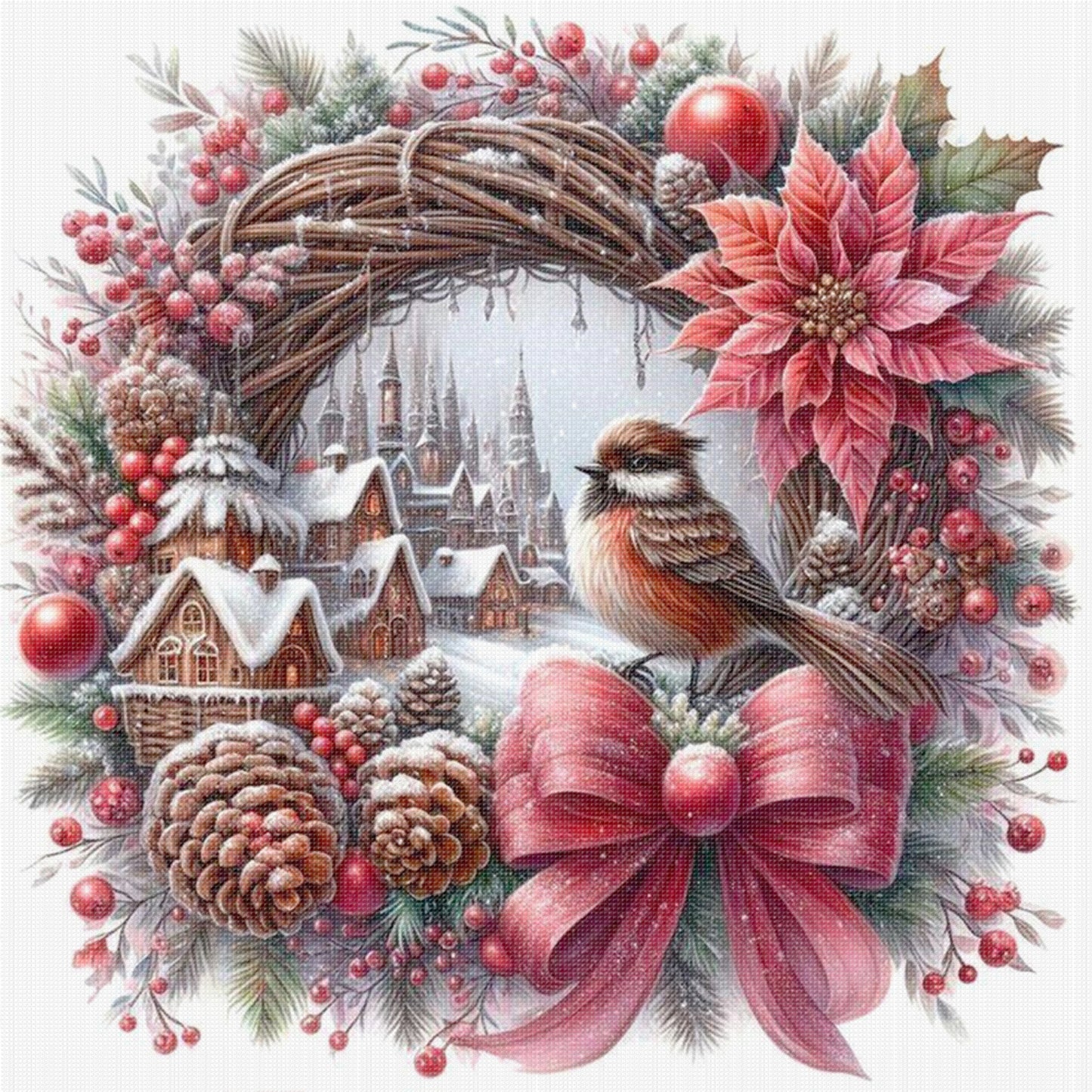Red & Brown Vintage Bird Wreath - Full 11CT Stamped Cross Stitch 40x40CM - Huacan