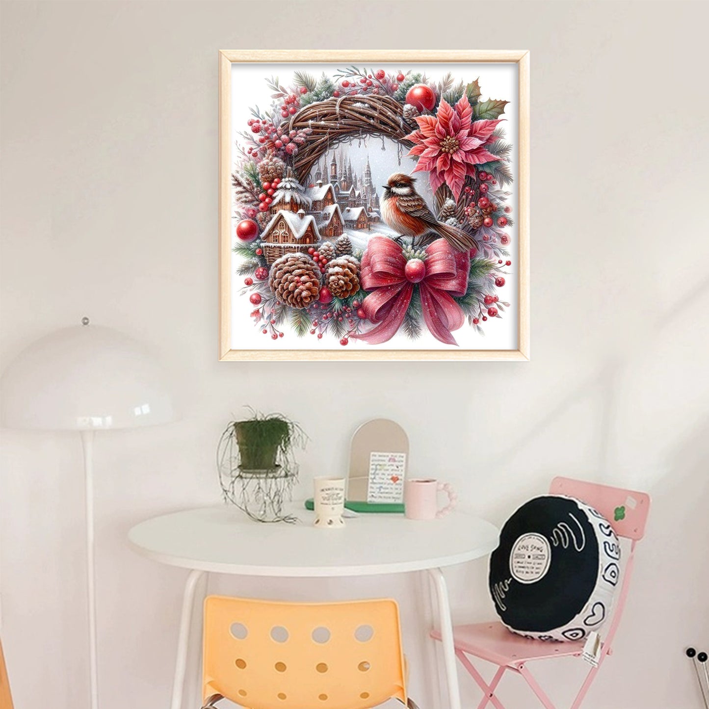 Red & Brown Vintage Bird Wreath - Full 11CT Stamped Cross Stitch 40x40CM - Huacan