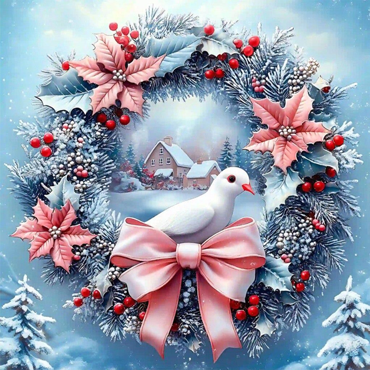 Pink & Blue Dove Wreath - Full 11CT Stamped Cross Stitch 40x40CM - Huacan