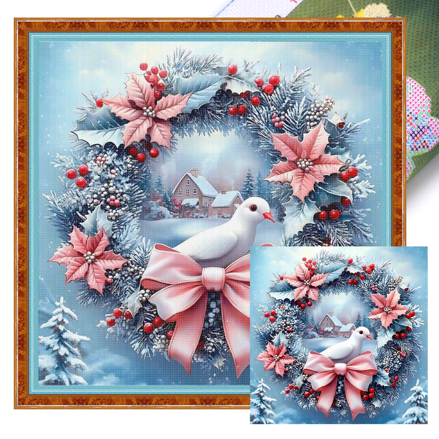 Pink & Blue Dove Wreath - Full 11CT Stamped Cross Stitch 40x40CM - Huacan