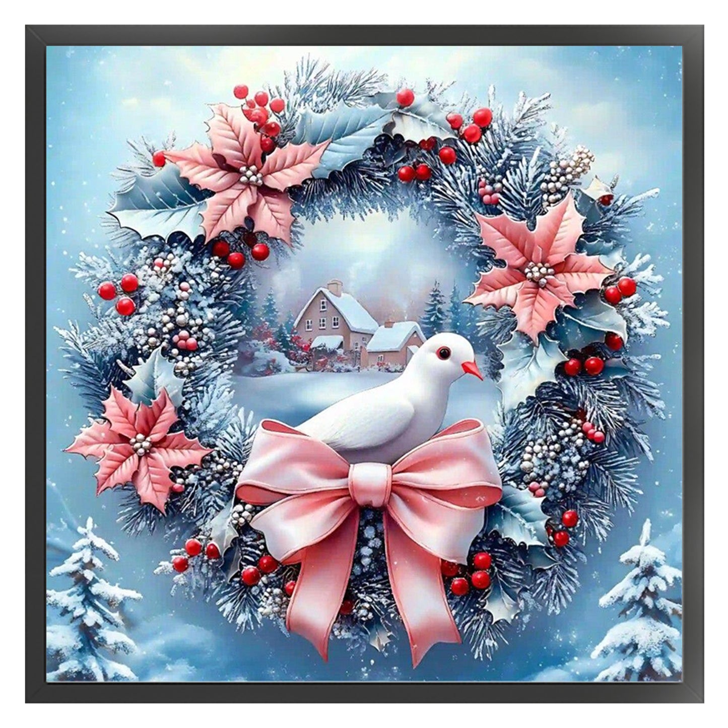 Pink & Blue Dove Wreath - Full 11CT Stamped Cross Stitch 40x40CM - Huacan