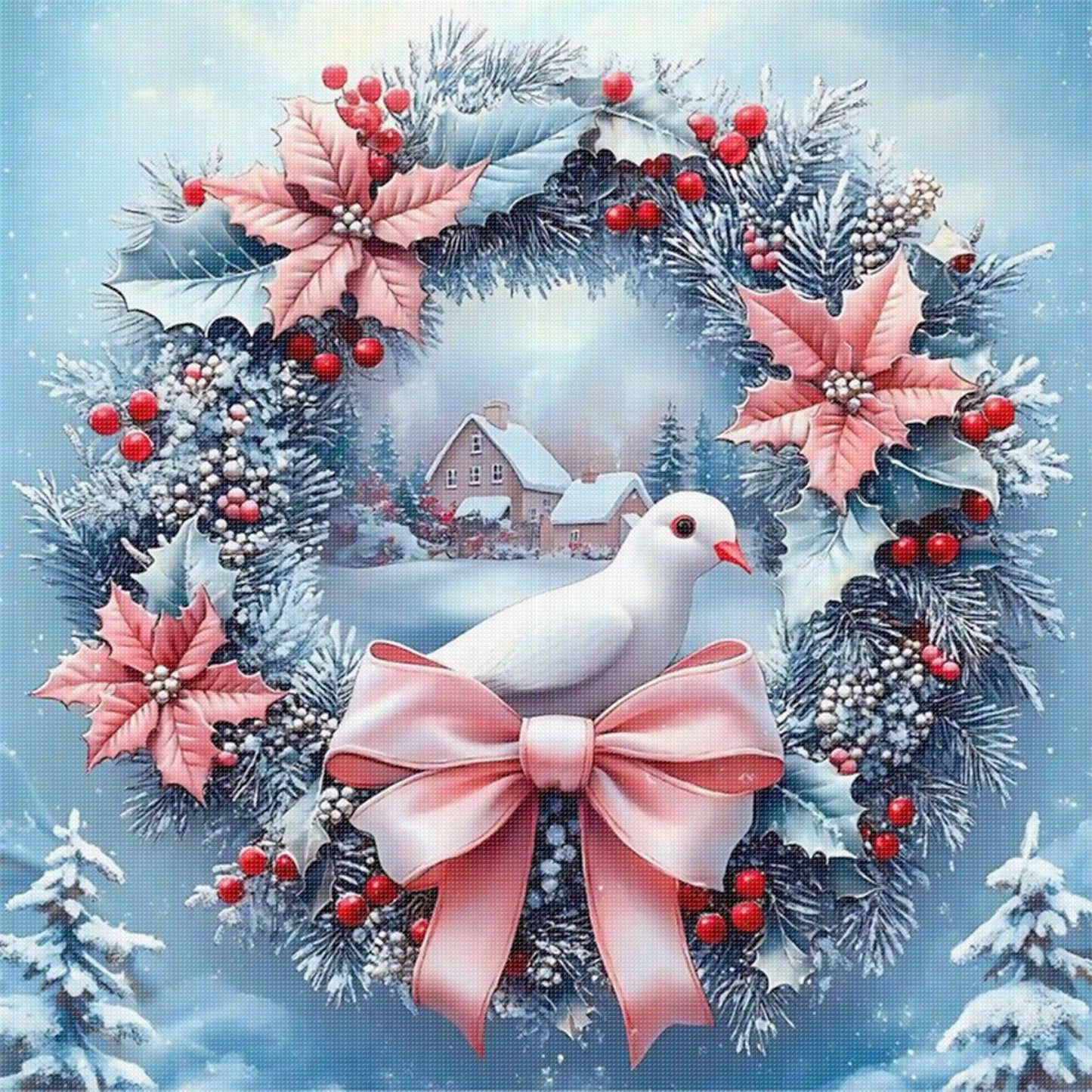 Pink & Blue Dove Wreath - Full 11CT Stamped Cross Stitch 40x40CM - Huacan