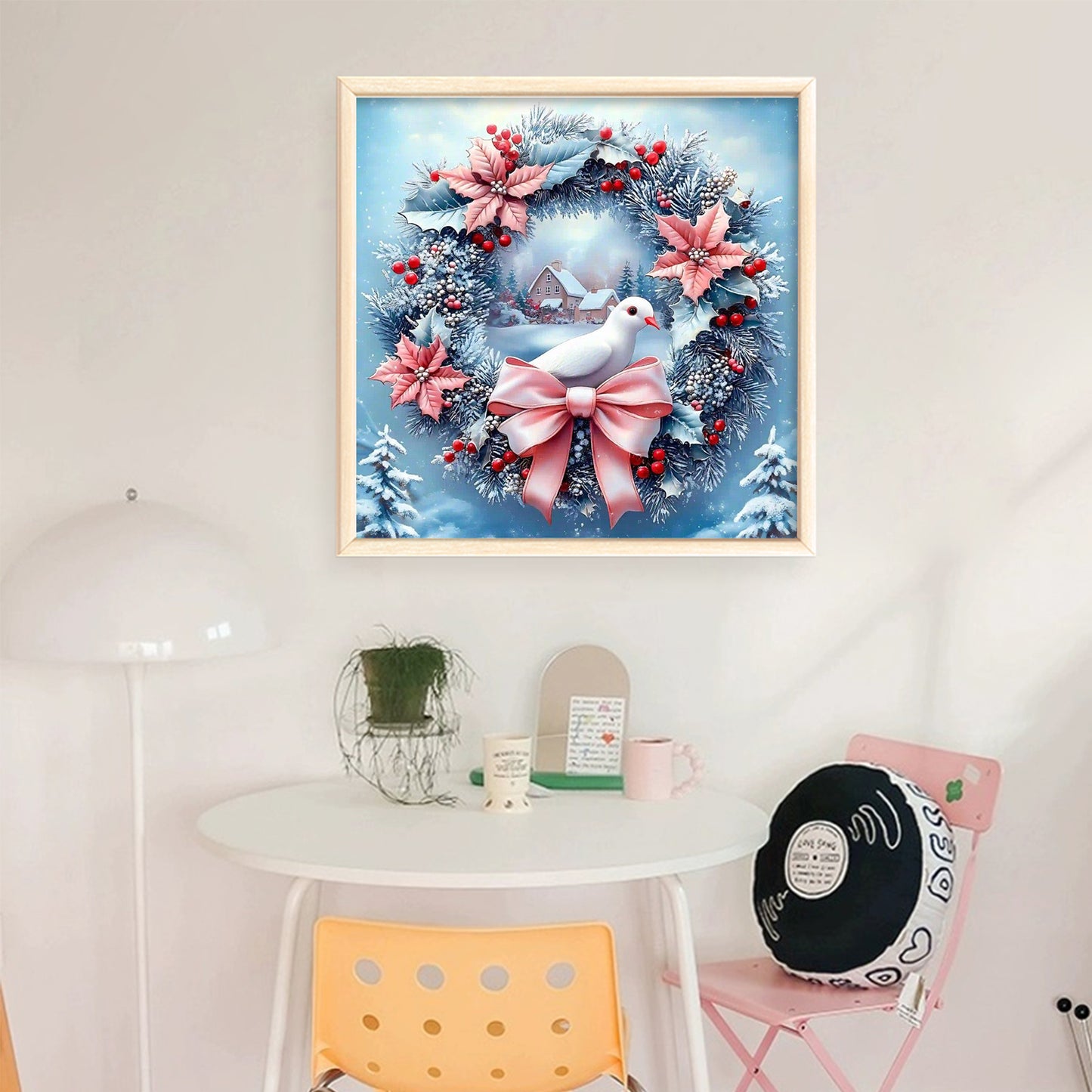 Pink & Blue Dove Wreath - Full 11CT Stamped Cross Stitch 40x40CM - Huacan