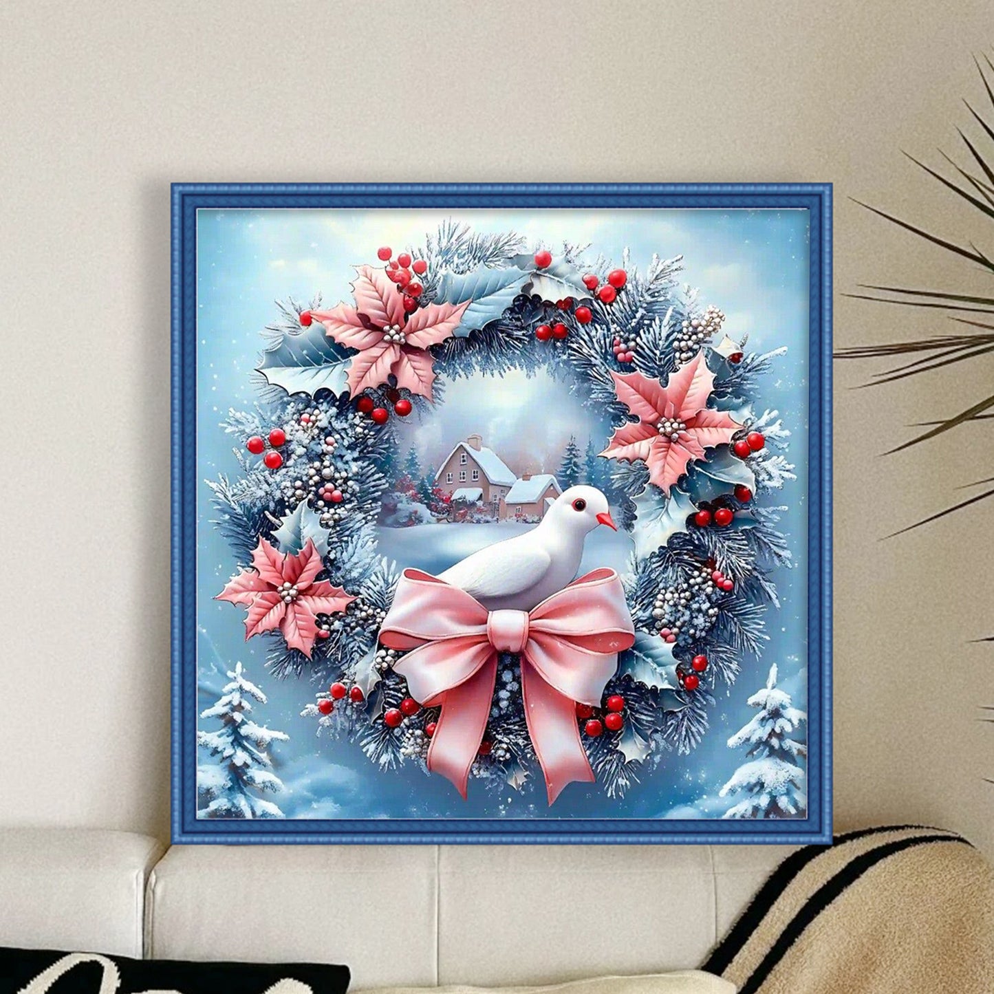 Pink & Blue Dove Wreath - Full 11CT Stamped Cross Stitch 40x40CM - Huacan